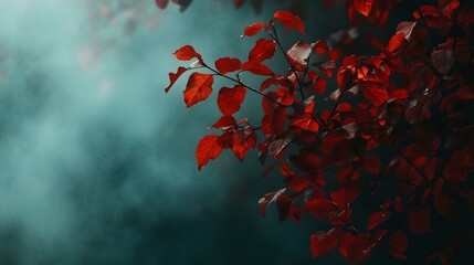 Sticker - Red Leaves Branch Against Blue Fog