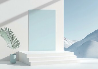 Sticker - Minimalist Blue and White Product Display with Snowy Mountain Background