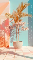 Canvas Print - Minimalist Tropical Plant in Pot with Sunlit Shadows