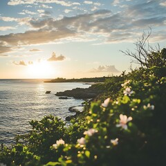 Poster - Ocean Coastline at Sunset with Lush Greenery