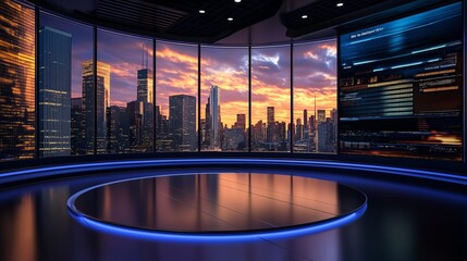 abstract background broadcasting studio with urban cityscape as backdrop