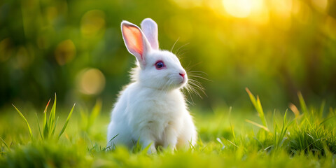 fluffy white rabbit sitting in a grassy field , cute, furry, bunny, hare, animal, wildlife, domestic