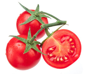 Wall Mural - Three red cherry tomatoes with water drops on branch isolated on white background.