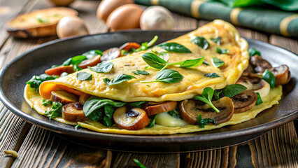 Close-up of a delicious omelette with mushrooms, spinach, and melted cheese, food, breakfast, omelette, eggs, mushrooms