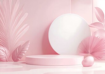 Poster - Pink Abstract Background With Tropical Leaves