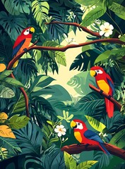 Poster - Tropical Jungle Illustration with Colorful Parrots