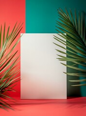 Wall Mural - Minimalist Summer Background With White Paper And Palm Leaves