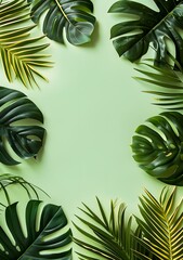 Poster - Green Tropical Leaves Frame on Green Background