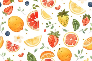 Wall Mural - Watercolor Seamless Pattern with Fruits and Green Leaves