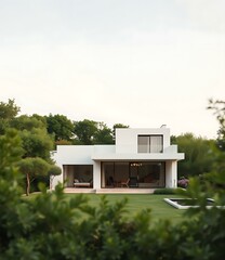 Sticker - Modern White House with Large Windows and Green Grass Lawn