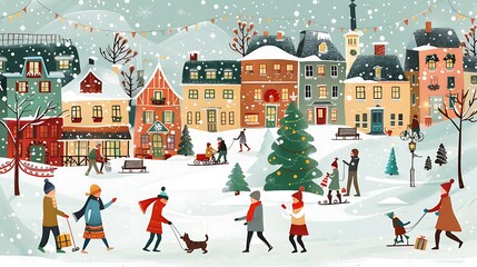 Wall Mural - Winter Wonderland Illustration Featuring a Snowy Village with People and a Dog