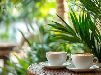 Two Cups of Coffee on a Table in a Tropical Garden