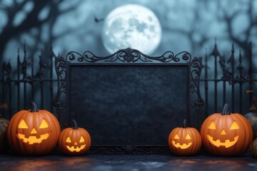 Spooky Halloween scene featuring glowing pumpkins against a moonlit background with a black empty signboard.