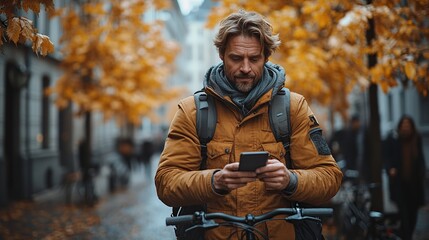 young business man commuter with bicycle going to work outdoors in city using smartphone