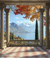 Poster - Autumn View From Balcony With Stone Columns