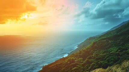 Wall Mural - Sunset over the ocean with a view of the coastline