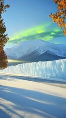 Sticker - Frozen Wall and Snow Covered Mountains Under a Green Aurora Borealis