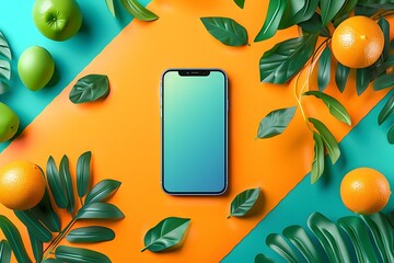 Wall Mural - Smartphone Mockup with Green and Orange Fruit