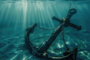 Wall Mural - Anchor In Ocean. Illustration of Abandoned Iron Ship Anchor at Sea Bottom with Sunlight Filtering Through Water Surface