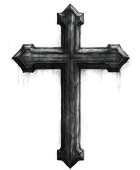 A dark, worn, and weathered wooden cross with a textured, grunge-like aesthetic.