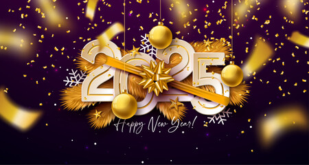 Wall Mural - 2025 Happy New Year Illustration with Golden Number, Christmas Ornament, Pine Branch and Falling Confetti on Dark Background. Holiday Design with Typography Lettering for Flyer, Banner, Greeting Card