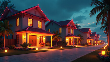 Wall Mural - Diwali festival scene with beautifully decorated Indian homes illuminated by colorful lanterns and twinkling lights.