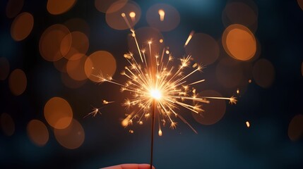 Wall Mural - Burning sparkler with New Year's bokeh effect in the background