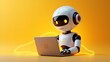 © mischenko - Artificial intelligence robot using laptop neon light futuristic technology 3d illustration banner