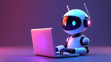 Artificial intelligence robot using laptop neon light futuristic technology 3d illustration banner