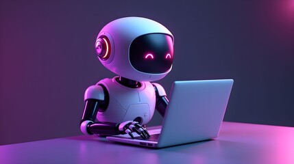 Artificial intelligence robot using laptop neon light futuristic technology 3d illustration banner
