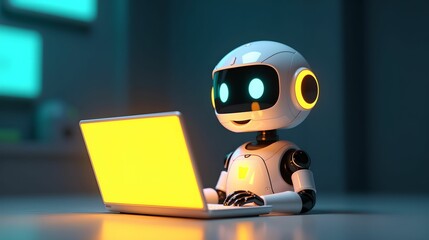 Artificial intelligence robot using laptop neon light futuristic technology 3d illustration banner