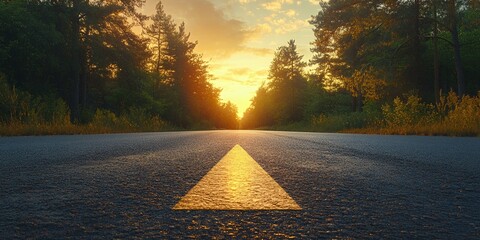 Poster - A straight road leading towards the sunset in a forest