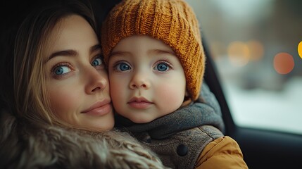 Poster - young mother with her little baby boy in the car