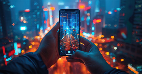 Poster - A hands holding a smartphone, displaying a complex digital interface, sleek and advanced, cityscape at night in the background.