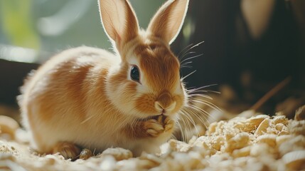 Wall Mural - Feeding a rabbit at home in a natural environment