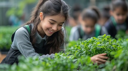 Wall Mural - young teacher learning pupils how to take care about plants