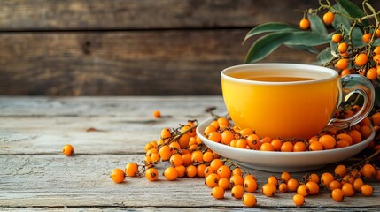 Fresh sea buckthorn berries and a cup of sea buckthorn tea on a white wooden table.