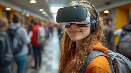 Canvas Print - young university students with vr headset virutal reality in academic settings