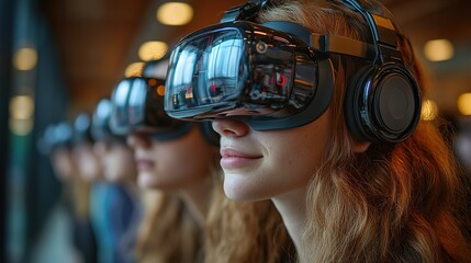 Wall Mural - young university students with vr headset virutal reality in academic settings