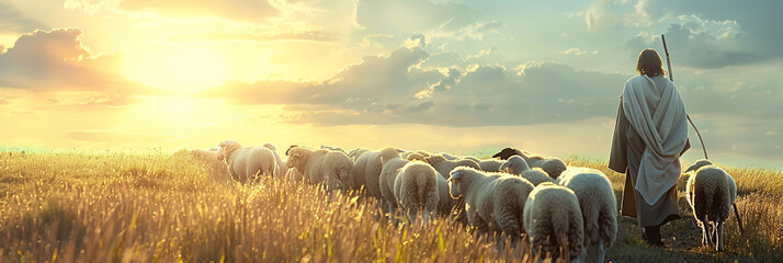 Wall Mural - Jesus leads the sheep through the pasture-shaped opening on the left. with space for text 