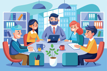 Wall Mural - A diverse group of professionals engages in a collaborative meeting, sharing ideas and strategies in a bright, modern office space.