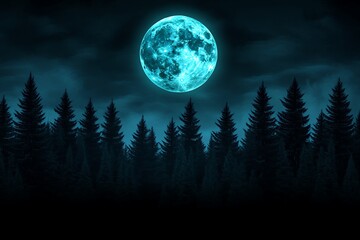 Minimalist moonlit forest, with tall, dark trees and a glowing moon creating an eerie, mystical vibe