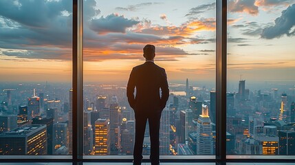 a senior executive in a formal suit, standing at a large office window, overlooking the cityscape, w