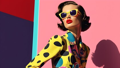 Vibrant retro pop art fashion ad showcasing a stylish model in bold patterns and striking colors