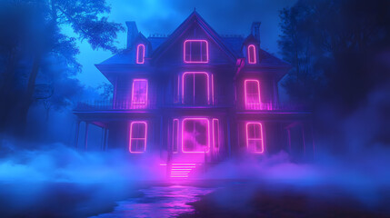 Wall Mural - A striking haunted house design featuring neon blue and purple lights glows amidst swirling mist, creating an eerie atmosphere.