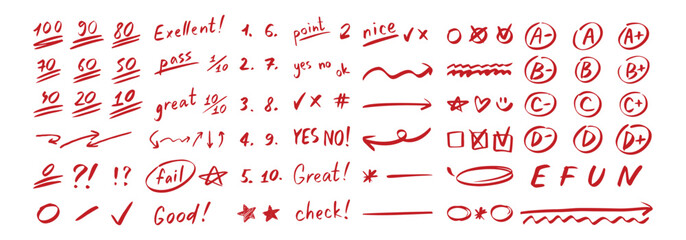 English test exam red pen mark. School teacher test. A B C D Doodle outline hand drawn style