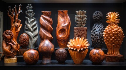 A collection of intricately carved wooden vases and sculptures.