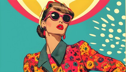 Vibrant retro pop art fashion ad showcasing a stylish model in bold patterns and striking colors