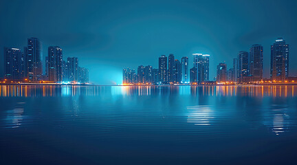 the modern urban coastline night, the calm water, the distant city buildings, the buildings are lit 