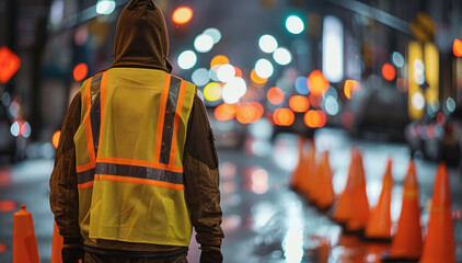 Aufkleber - A man in a reflective vest walks down a street with orange cones.